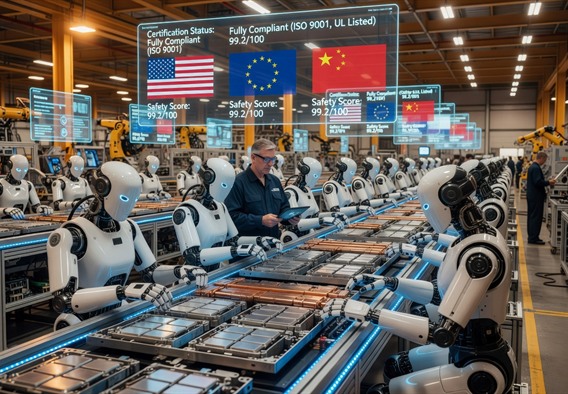 Ultra-wide photorealistic render of an advanced automated factory floor in 2026, Tesla Optimus humanoid robots assembling electric vehicle battery modules with precise mechanical hands, while above the scene translucent holographic compliance dashboards float in the air displaying certification status, safety scores, and international regulatory flags from the US, EU, and China, warm amber and cool blue industrial lighting, cinematic depth of field, hyper-detailed metallic surfaces, optimistic f