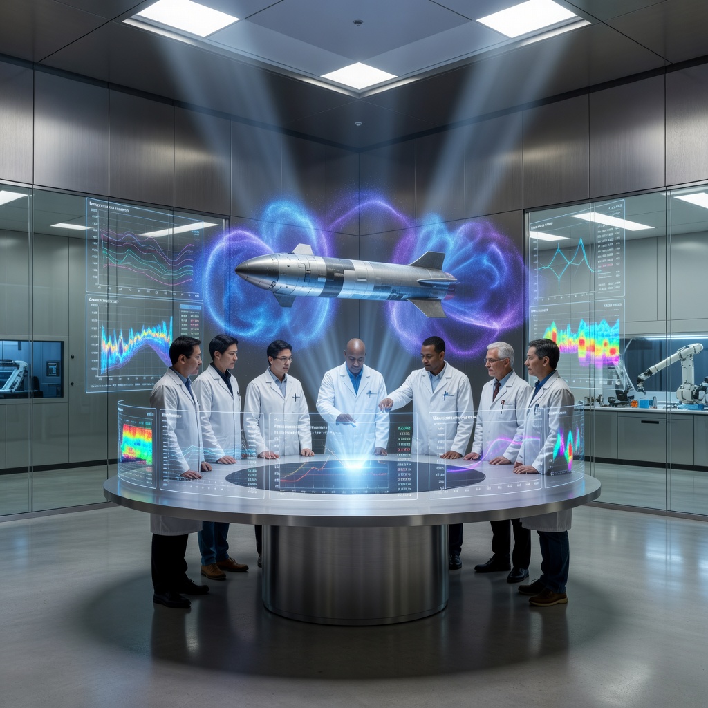 SpaceX engineers studying holographic plasma flow simulations around a Starship vehicle model in an advanced laboratory