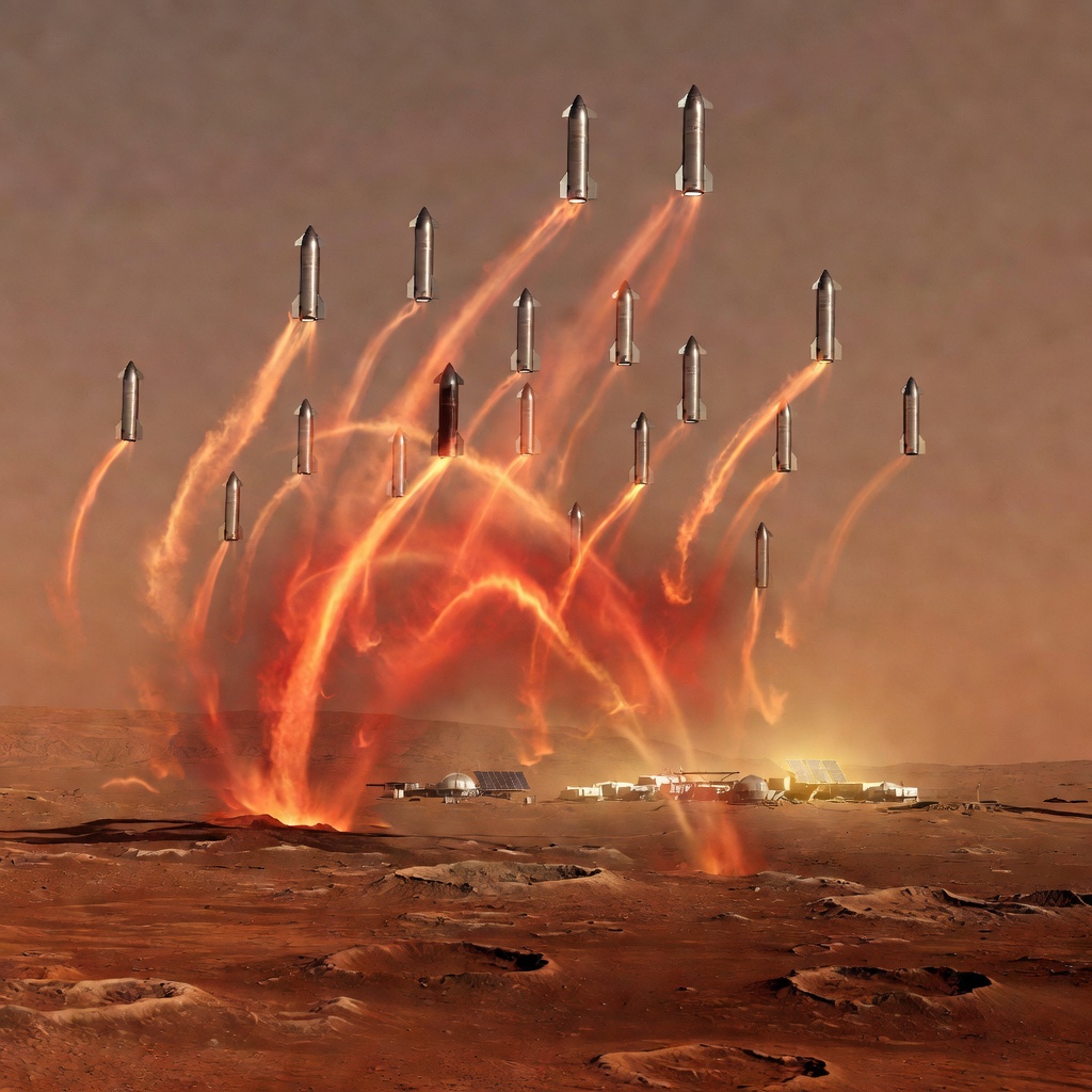 Futuristic Starship fleet descending through the thin reddish Martian atmosphere with plasma trails visible around the heat shields