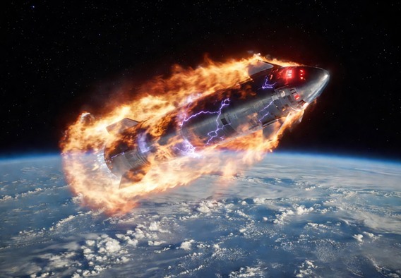Photorealistic wide-angle view of a massive Starship vehicle descending through Earth's upper atmosphere at hypersonic velocity, surrounded by an intensely glowing sheath of superheated plasma in vivid orange, white, and violet hues, the vehicle's stainless steel surface barely visible through the luminous cocoon of ionized gas, Earth's curvature visible below with deep blue ocean and cloud patterns, stars still visible in the black space above, cinematic lighting, dramatic scale emphasizing the