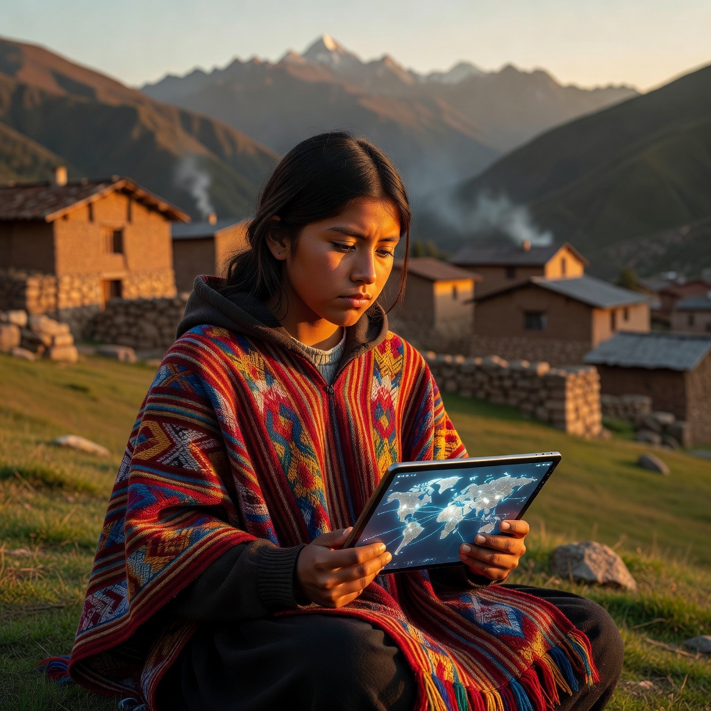 A young woman in traditional indigenous dress looking at a glowing tablet screen in a lush jungle setting, representing the cultural tension between heritage and global digital access