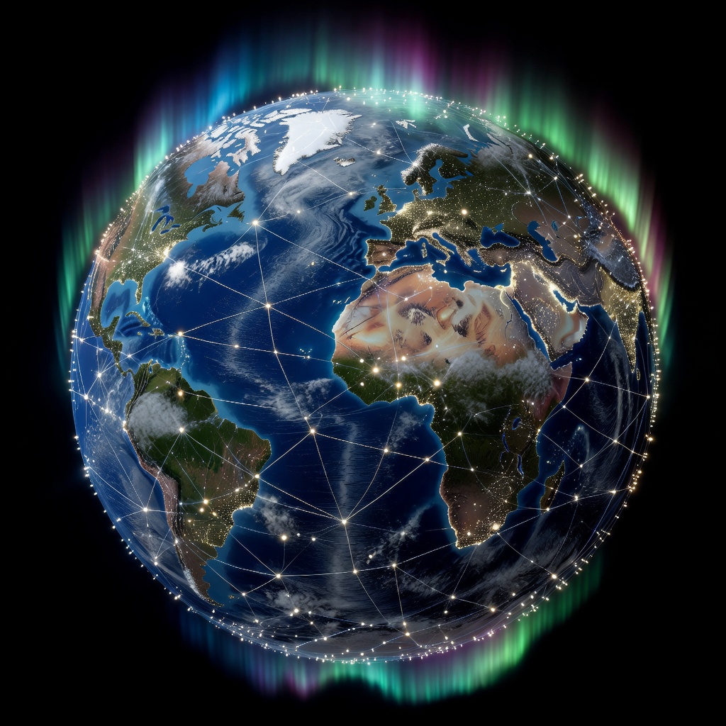A futuristic visualization of thousands of glowing satellite nodes forming a mesh network over Earth's surface, illustrating a fully connected planet from orbit