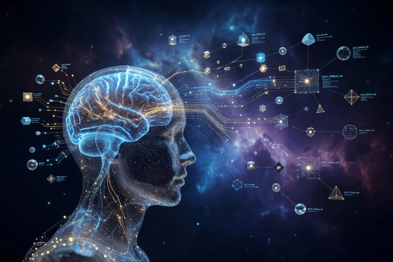Futuristic human silhouette with glowing neural interface threads connecting brain to digital network