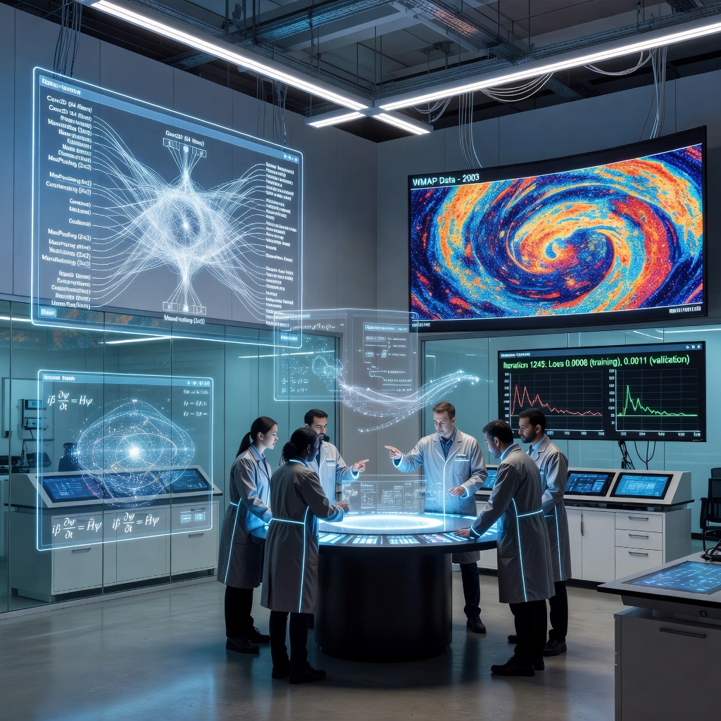 Scientists and AI engineers collaborating in a futuristic laboratory with holographic displays showing neural network architectures and physics equations