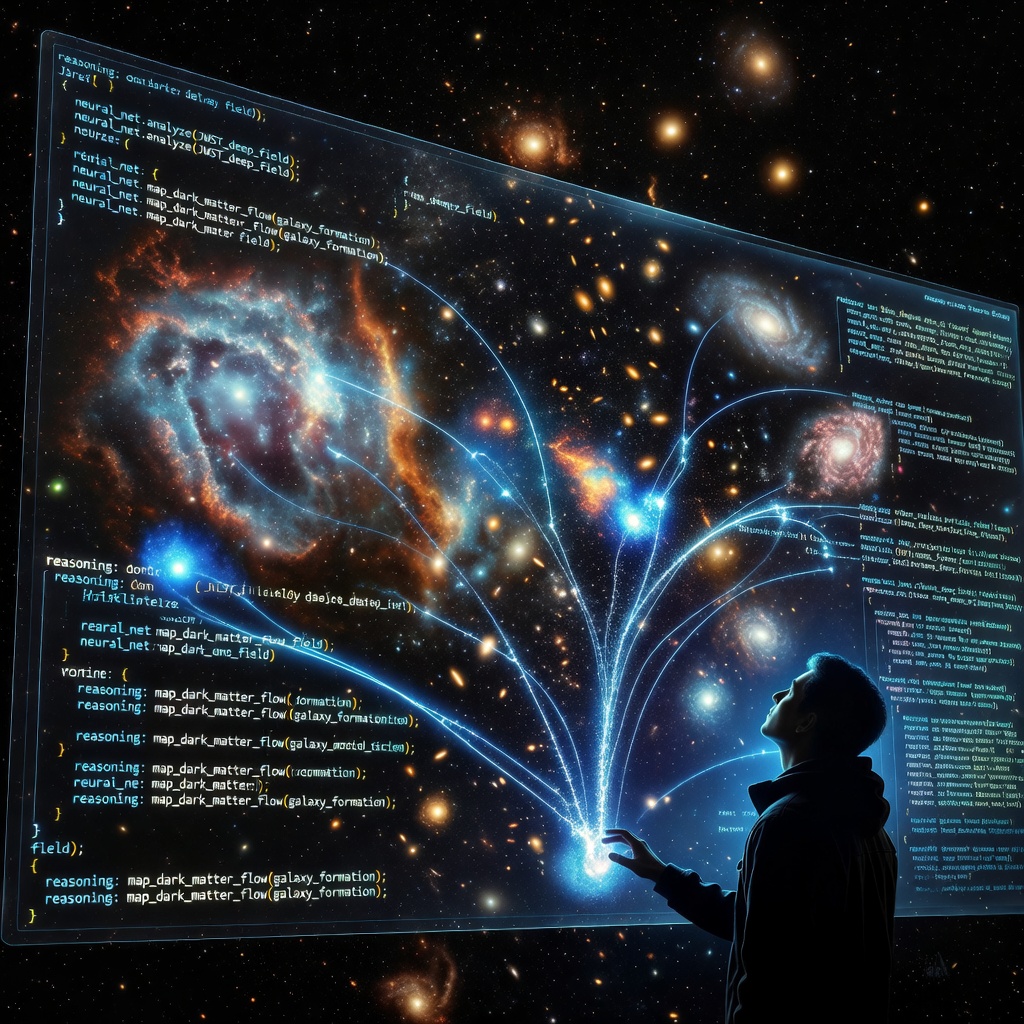 A glowing Grok AI interface overlaid on a deep-field telescope image of galaxies, symbolizing artificial intelligence applied to cosmic discovery and universe exploration