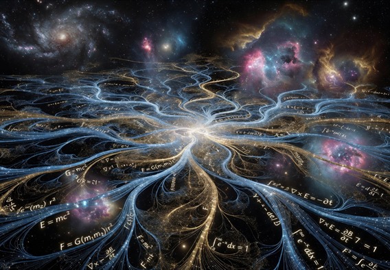 A breathtaking visualization of a massive artificial neural network rendered in glowing blue and gold filaments, expanding outward into a deep space backdrop filled with galaxies, nebulae, and star clusters. Data streams pulse through the network nodes like synaptic signals, with mathematical equations and physics formulas subtly embedded in the light patterns. The composition suggests intelligence reaching toward cosmic understanding, photorealistic, cinematic lighting, ultra-high detail.
