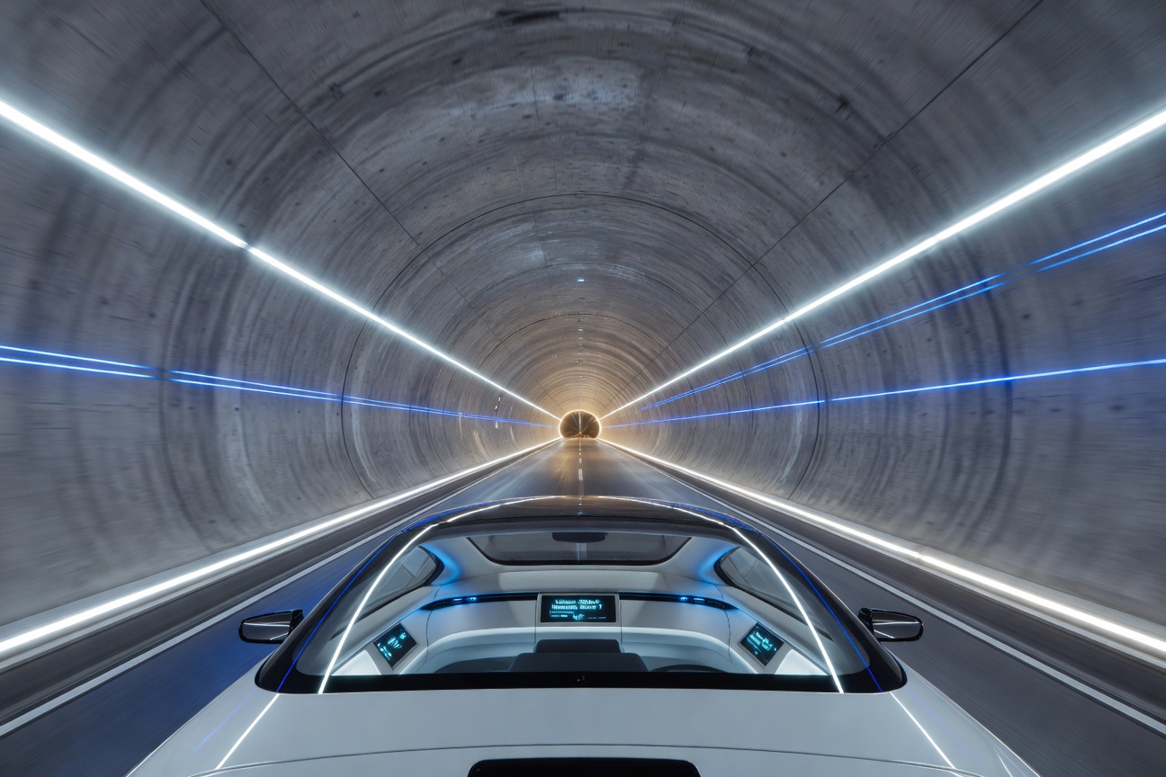 Futuristic underground tunnel transit system with glowing LED lights and autonomous electric vehicles moving at high speed beneath a modern city