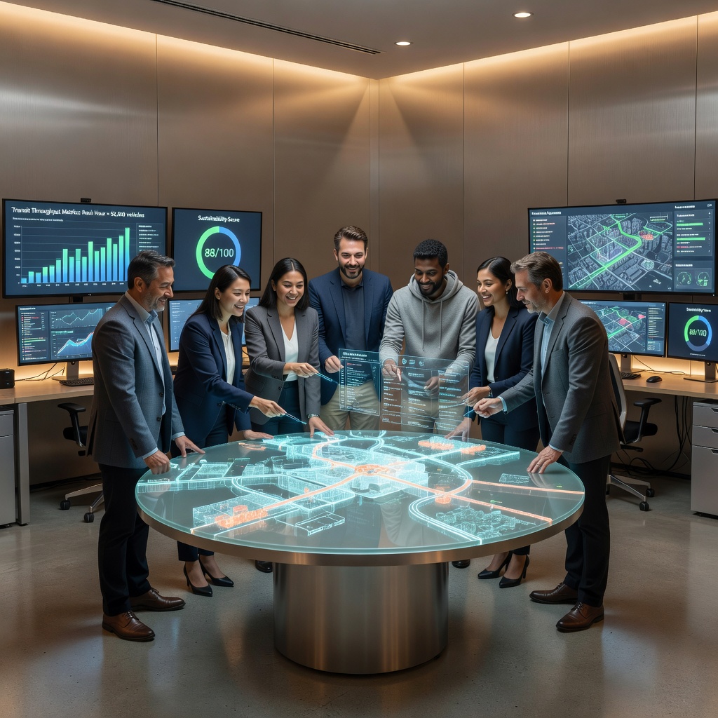 Data scientists and urban planners analyzing tunnel transit performance metrics on holographic displays in a futuristic smart city research lab