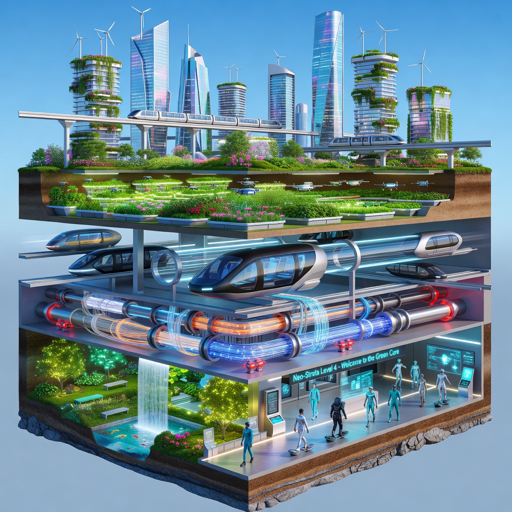 A cross-section visualization of a smart underground city with multiple tunnel layers, autonomous pods, fiber optic networks, and energy systems beneath a thriving futuristic urban landscape