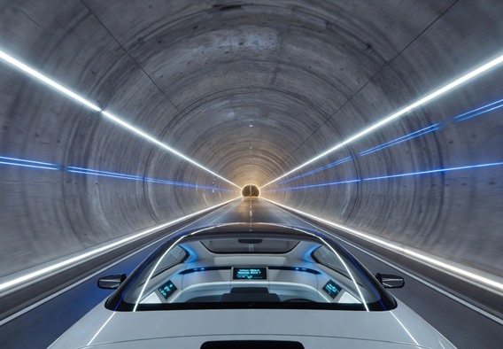 Hyperrealistic futuristic underground tunnel transit system viewed from inside, with sleek white autonomous electric vehicles moving at high speed through a brilliantly lit concrete tube, blue and white LED lighting strips lining the curved walls, a sense of scale and depth stretching into the distance, photorealistic render, cinematic lighting, 8K resolution, dramatic perspective