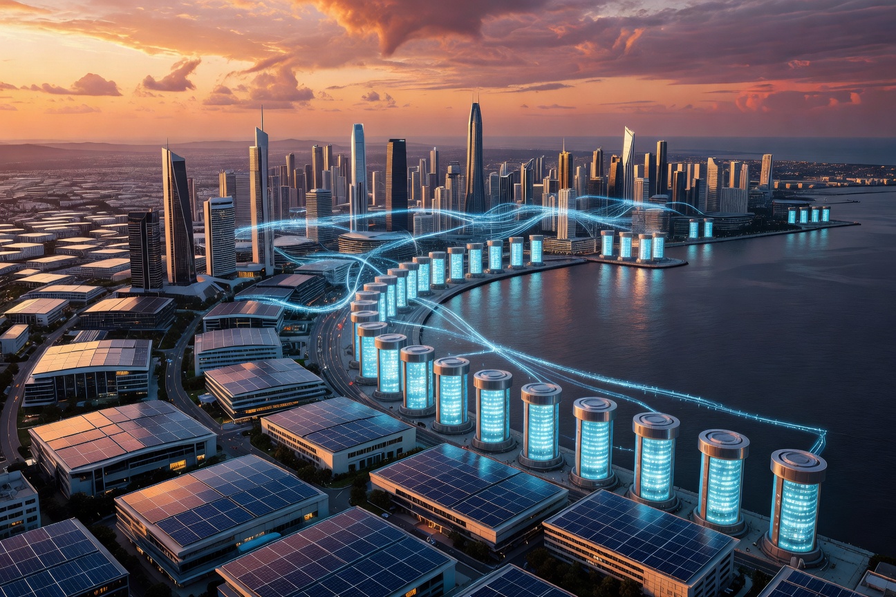 Futuristic city skyline with glowing solar panels and battery storage arrays interconnected by luminous data streams at dusk