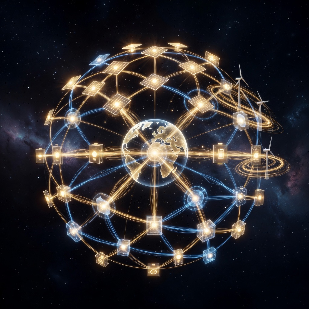 Abstract visualization of an AI energy management system with flowing data streams, battery icons, and solar panel nodes forming a luminous interconnected web