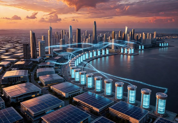 Sweeping futuristic aerial view of a coastal city at dusk where every rooftop is covered in sleek solar panels, massive glowing battery storage arrays line the waterfront, and luminous blue data streams visibly connect all buildings into a unified energy web, dramatic cinematic lighting, photorealistic, 8K resolution, hopeful and awe-inspiring tone