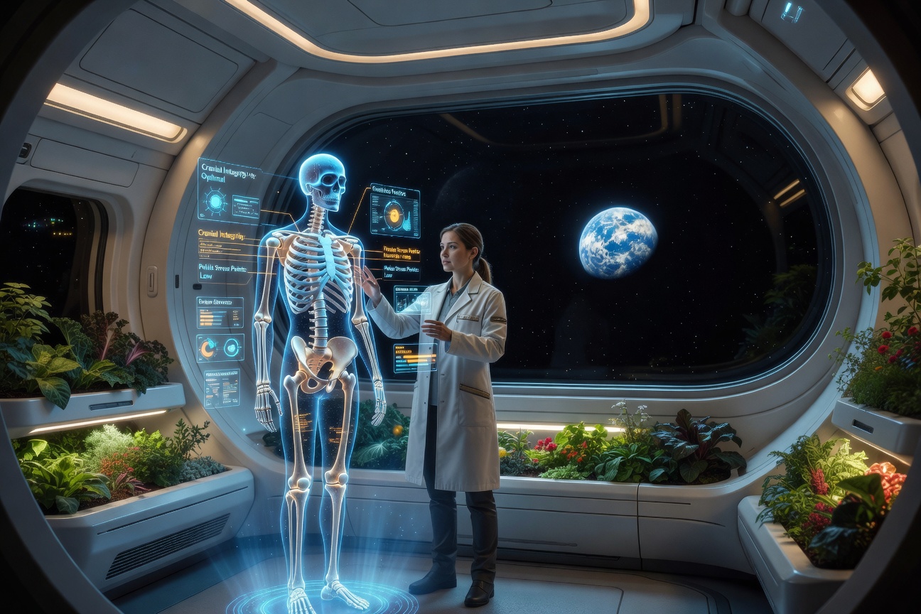 Futuristic medical bay aboard a deep space vessel with holographic bone density scans and Earth visible through a porthole