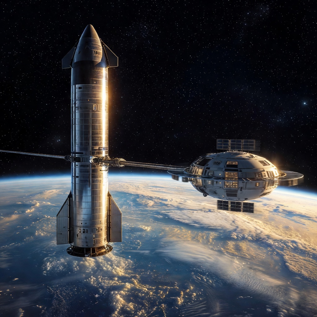 Starship spacecraft in orbit above Earth with a rotating habitat module attached, bathed in golden sunlight