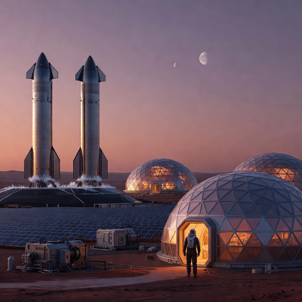 Mars colony habitat domes glowing at dusk beneath a rusty sky with Starship vehicles parked on a landing pad nearby