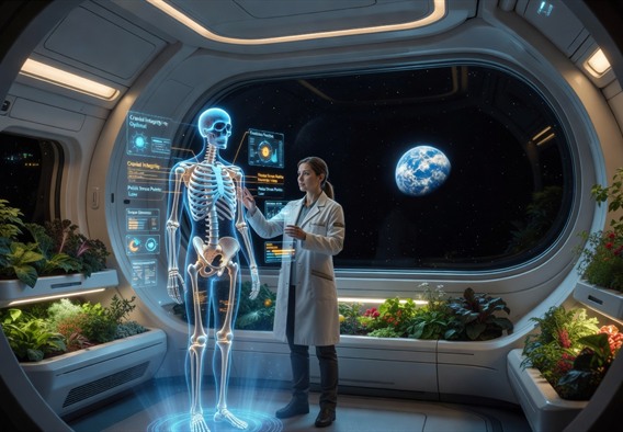 A luminous, hyper-detailed futuristic medical bay inside a deep space habitat module, holographic bone density scans floating in midair rendered in blue and amber light, a scientist in a white lab coat studying skeletal data, curved reinforced windows revealing the blackness of interplanetary space with a distant glowing Earth, clean white surfaces with subtle green plant life growing in hydroponic panels along the walls, photorealistic, cinematic lighting, sense of humanity persevering in the v