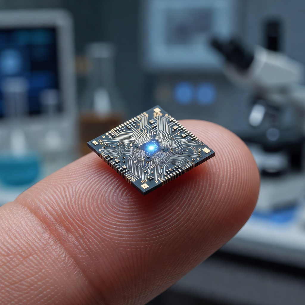 Close-up of a neural interface chip with glowing blue circuitry representing brain-computer connection technology