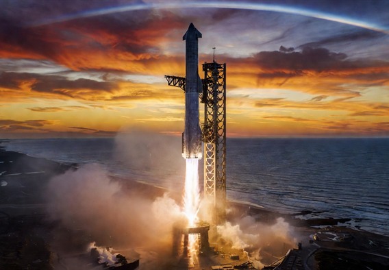 A photorealistic wide-angle view of a massive stainless steel Starship rocket launching from a coastal pad at dusk, the mechanical launch tower arms visible in the background, exhaust plume illuminating ocean mist below, Earth's curvature barely visible at the upper edge of the frame, dramatic golden and crimson light painting the sky, cinematic composition emphasizing the scale and ambition of human spaceflight