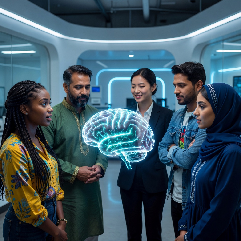 A diverse group of people from different cultural backgrounds observing a holographic brain interface display