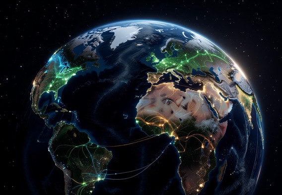 A stunning photorealistic visualization of planet Earth seen from low orbit, with glowing neural network pathways overlaid across different continents in distinct colors representing different regions, each pathway pulsing with data signals, the scene rendered with cinematic depth of field and a sense of technological optimism, ultra-high detail, 8K quality