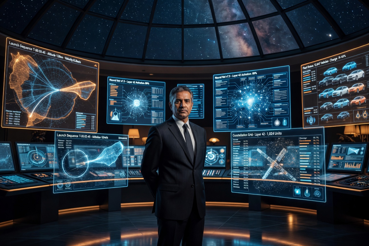 Elon Musk surrounded by holographic displays of rockets, AI networks, and electric vehicles