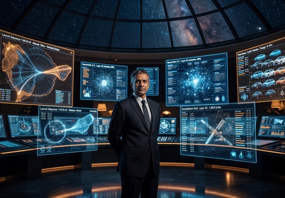 A photorealistic wide-angle portrait of a visionary technology leader standing at the center of a vast holographic command center, multiple transparent screens displaying rocket trajectories, AI neural network maps, electric vehicle fleets, and satellite constellations simultaneously, blue and amber lighting, cinematic depth of field, ultra-high detail, sense of immense scale and human ambition against a backdrop of stars visible through a curved glass ceiling