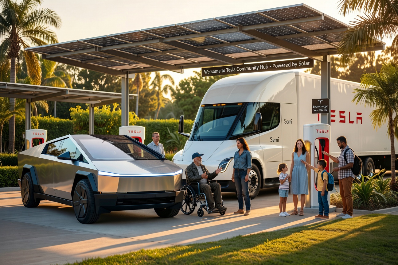 A diverse group of people gathered around a Tesla Cybertruck and Tesla Semi at a community charging hub at golden hour
