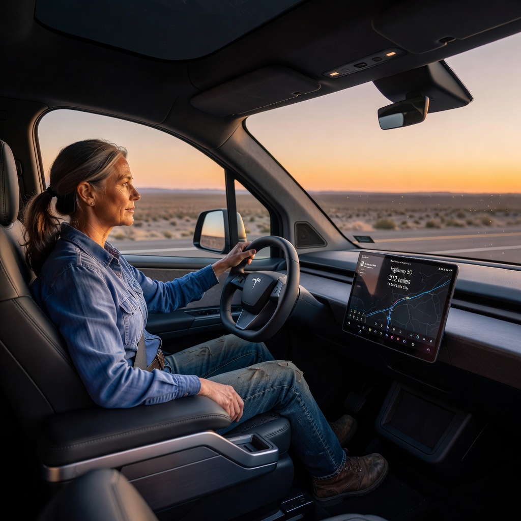 A truck driver in a modern electric Tesla Semi cab looking thoughtfully out at a sunrise over an open highway