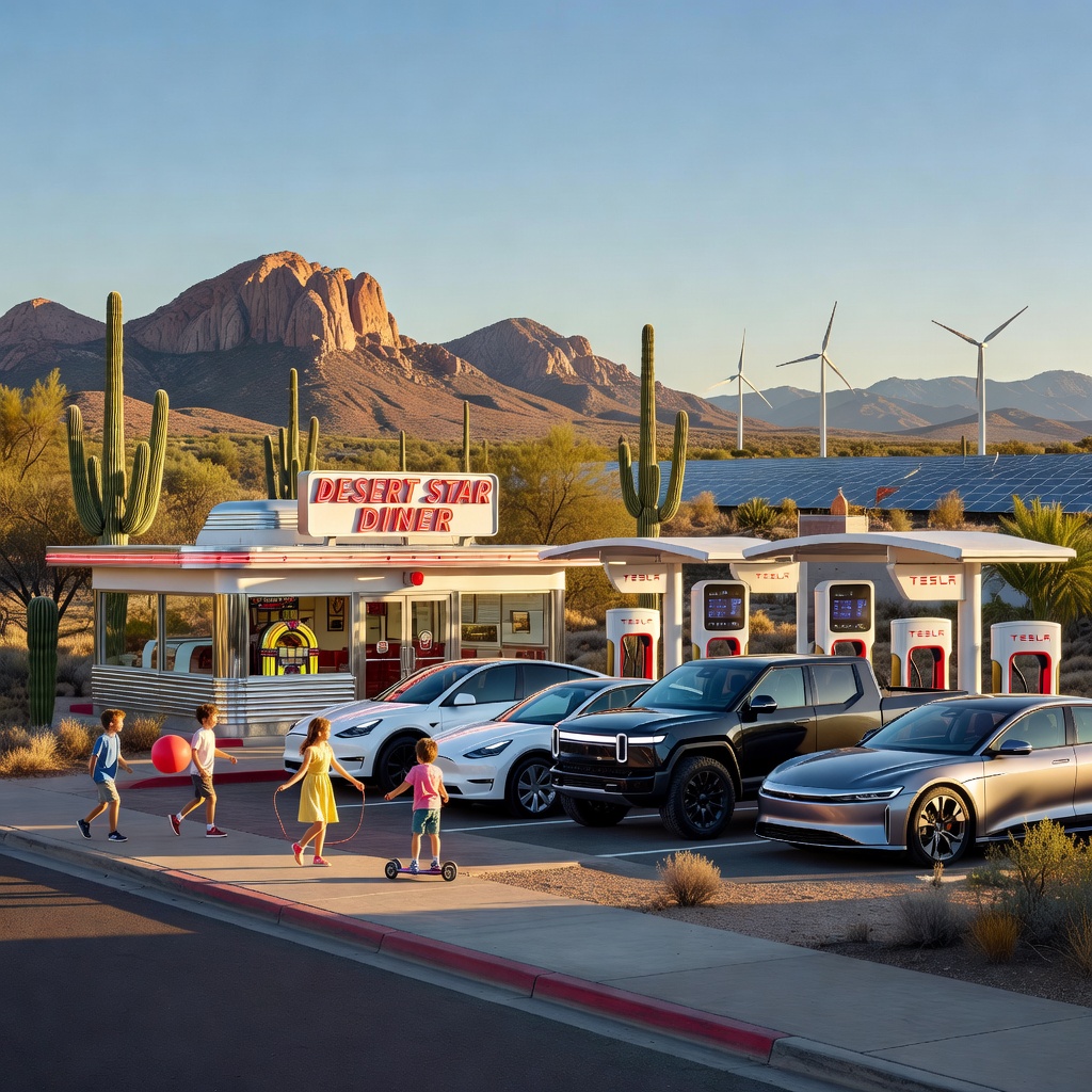 Children in a rural community playing near a solar-powered Tesla charging station surrounded by green fields and mountains