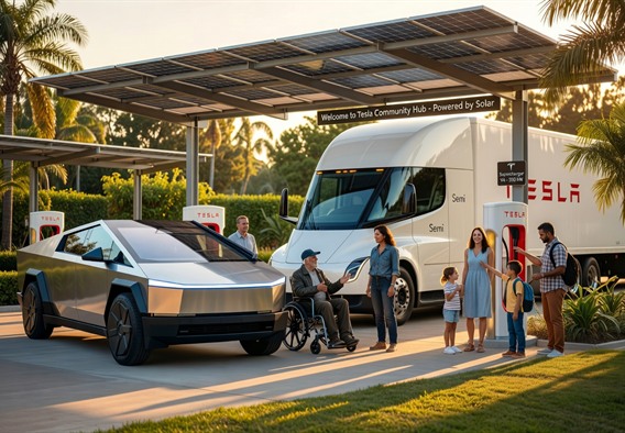 A photorealistic wide-angle scene at a futuristic Tesla community charging hub at golden hour, featuring a gleaming stainless-steel Cybertruck and a sleek white Tesla Semi parked side by side. A diverse group of people including a veteran in a wheelchair, a female truck driver, and a family with children are gathered nearby, all interacting warmly. Solar panel canopies overhead, lush greenery surrounding the area, soft warm light casting long shadows, cinematic depth of field, ultra-high resolut