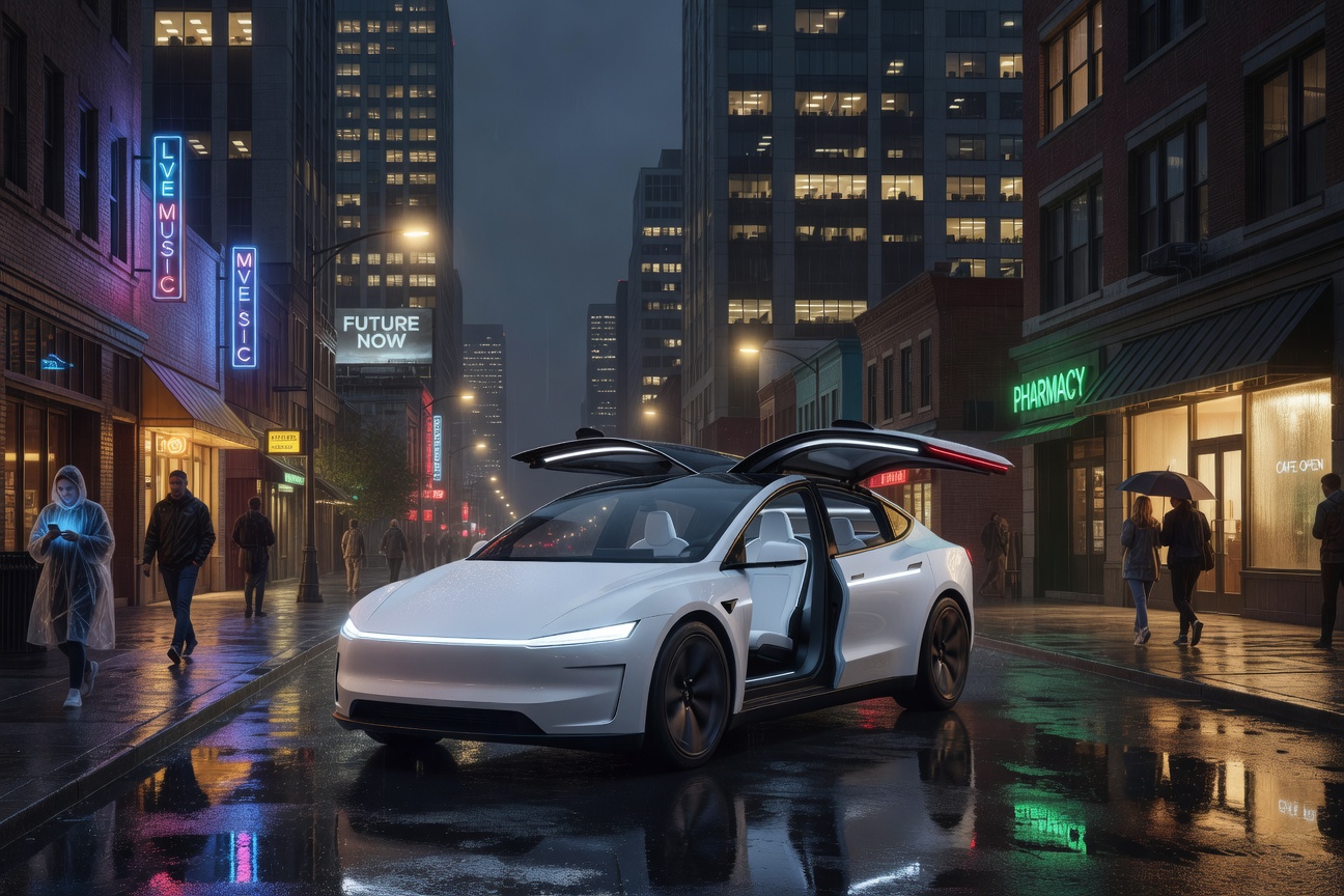 A sleek Tesla Cybercab gliding through a neon-lit city street at night with no driver visible inside