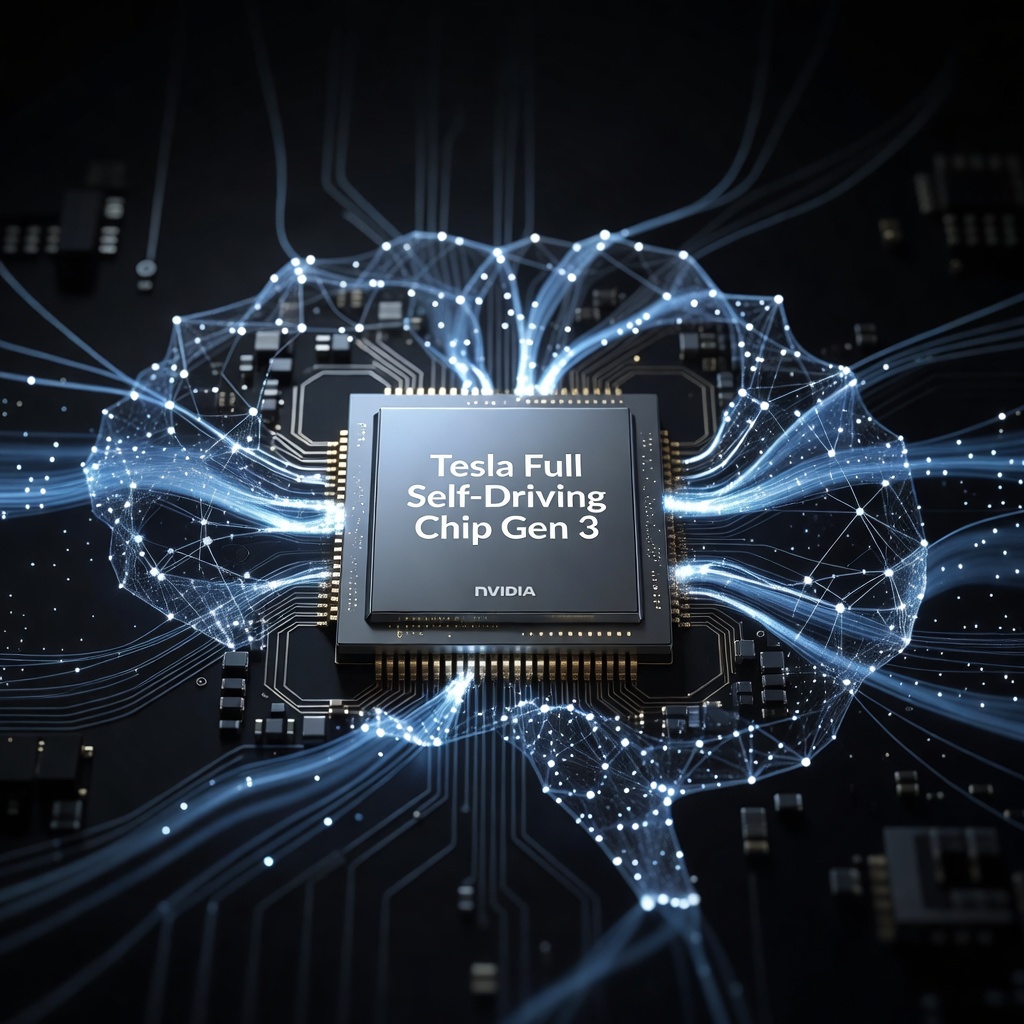 Close-up of Tesla's FSD computer hardware surrounded by glowing neural network visualizations