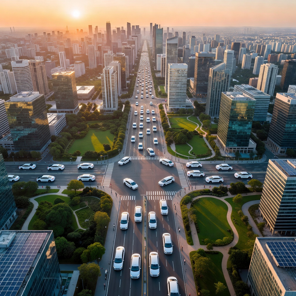 Aerial view of dozens of Tesla Cybercabs forming an autonomous fleet pattern across a futuristic city grid at dawn