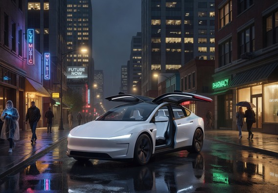 A futuristic Tesla Cybercab with butterfly doors open, gliding silently through a rain-slicked urban street at night, city lights reflecting off its white chassis, no driver visible through the panoramic windshield, pedestrians on sidewalks illuminated by warm storefront glow, ultra-photorealistic cinematic style, wide angle, 8k