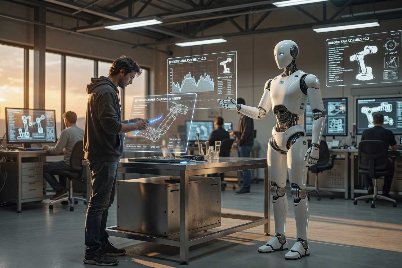 Tesla Optimus humanoid robot working alongside a human engineer in a bright research facility