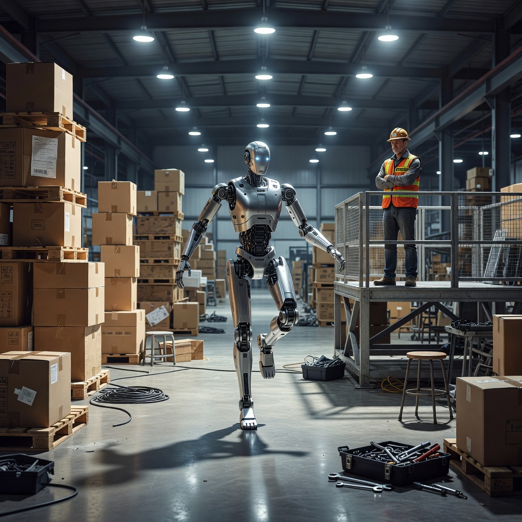 Tesla Optimus robot navigating a realistic indoor environment with scattered objects representing a real-world deployment scenario