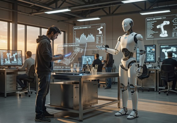 A sleek, well-lit robotics research facility interior at dawn, a tall humanoid robot with smooth white and silver chassis standing at a workbench surrounded by holographic telemetry displays, a human engineer in casual work clothes reviewing data on a transparent screen nearby, warm ambient lighting mixing with cool blue digital readouts, photorealistic, cinematic depth of field, futuristic but grounded aesthetic