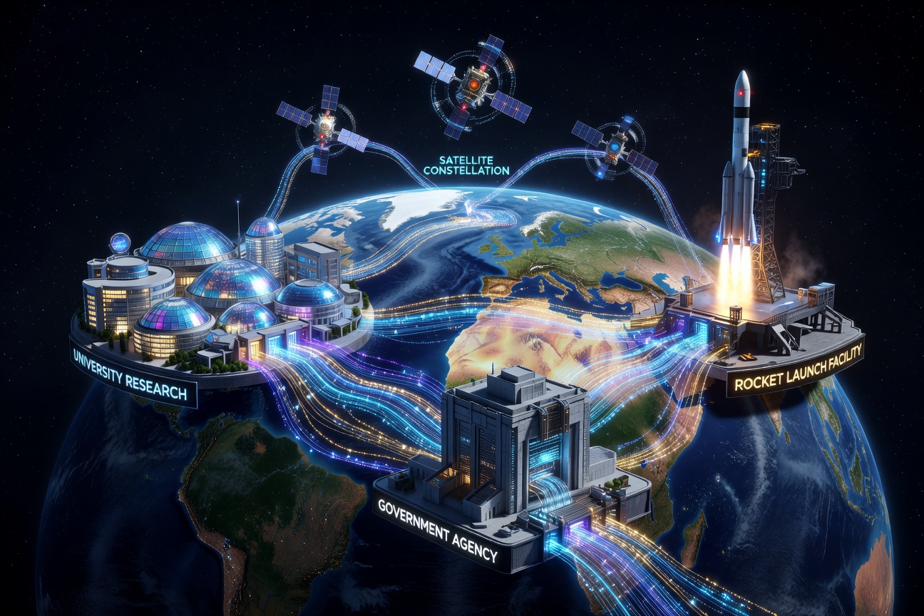 A vast network of glowing data lines connecting research institutions, rocket launch pads, and orbital satellites above Earth