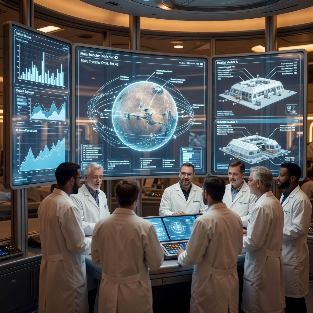 Scientists reviewing data in a high-tech space research laboratory with holographic displays showing Mars mission trajectories