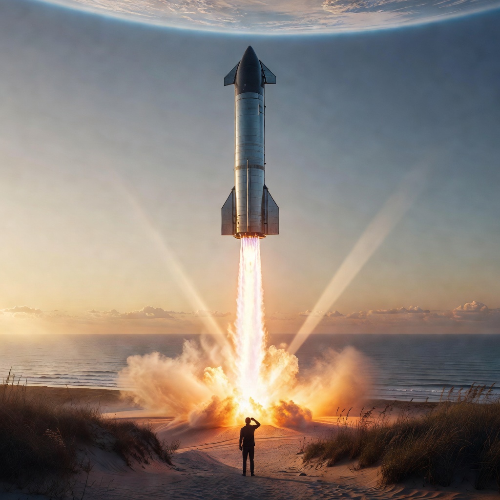 Futuristic Starship rocket ascending through a stunning orange and purple sunset sky with Earth's curvature visible below