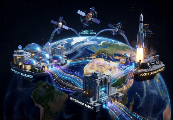 A dramatic overhead digital visualization showing glowing fiber-optic data streams connecting futuristic university research buildings, rocket launch facilities, satellite constellations, and government agency headquarters across a stylized Earth globe at night, with color-coded funding flow lines in gold and blue, ultra-detailed cyberpunk aesthetic, cinematic lighting, 8K resolution