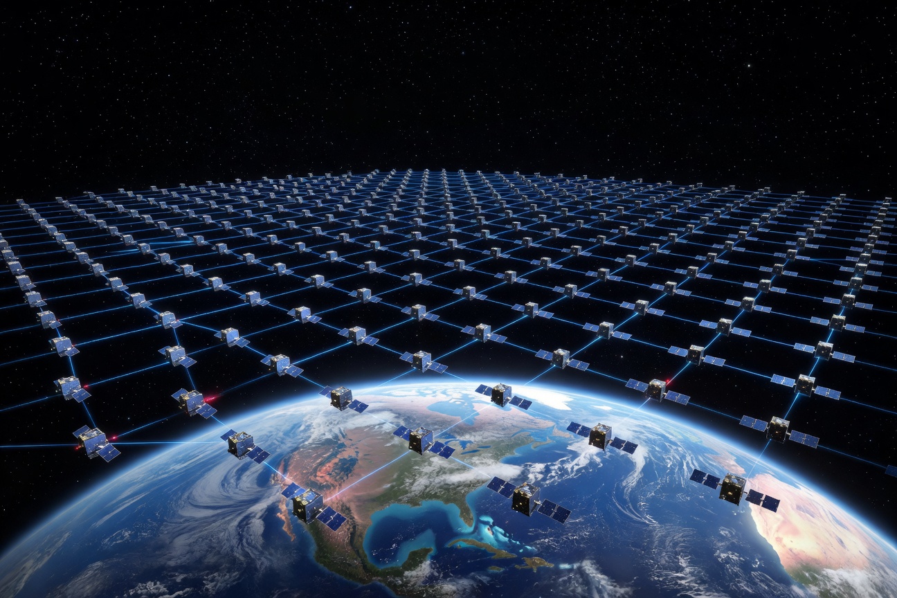 Futuristic satellite constellation orbiting Earth with beams of light connecting remote regions below