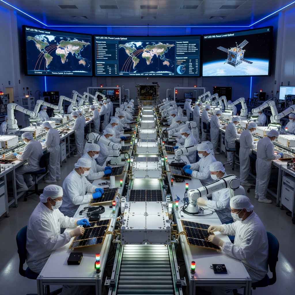 Engineers in a high-tech satellite manufacturing facility assembling next-generation LEO communications satellites