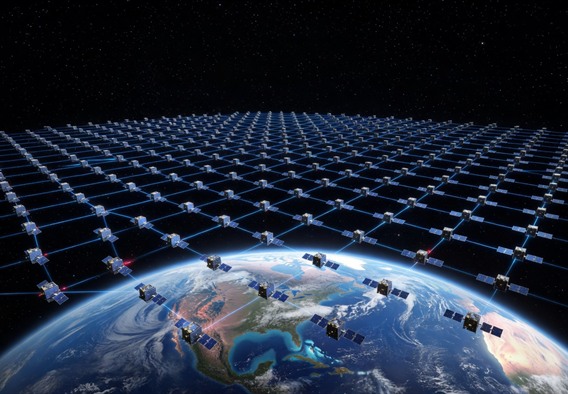 Photorealistic wide-angle view of hundreds of miniature satellites in low-Earth orbit forming a glowing constellation grid above a curved Earth, with visible laser crosslinks connecting them like a luminous web, deep space background with stars, dramatic lighting from the sun catching solar panels, cinematic and technically detailed, 8K quality