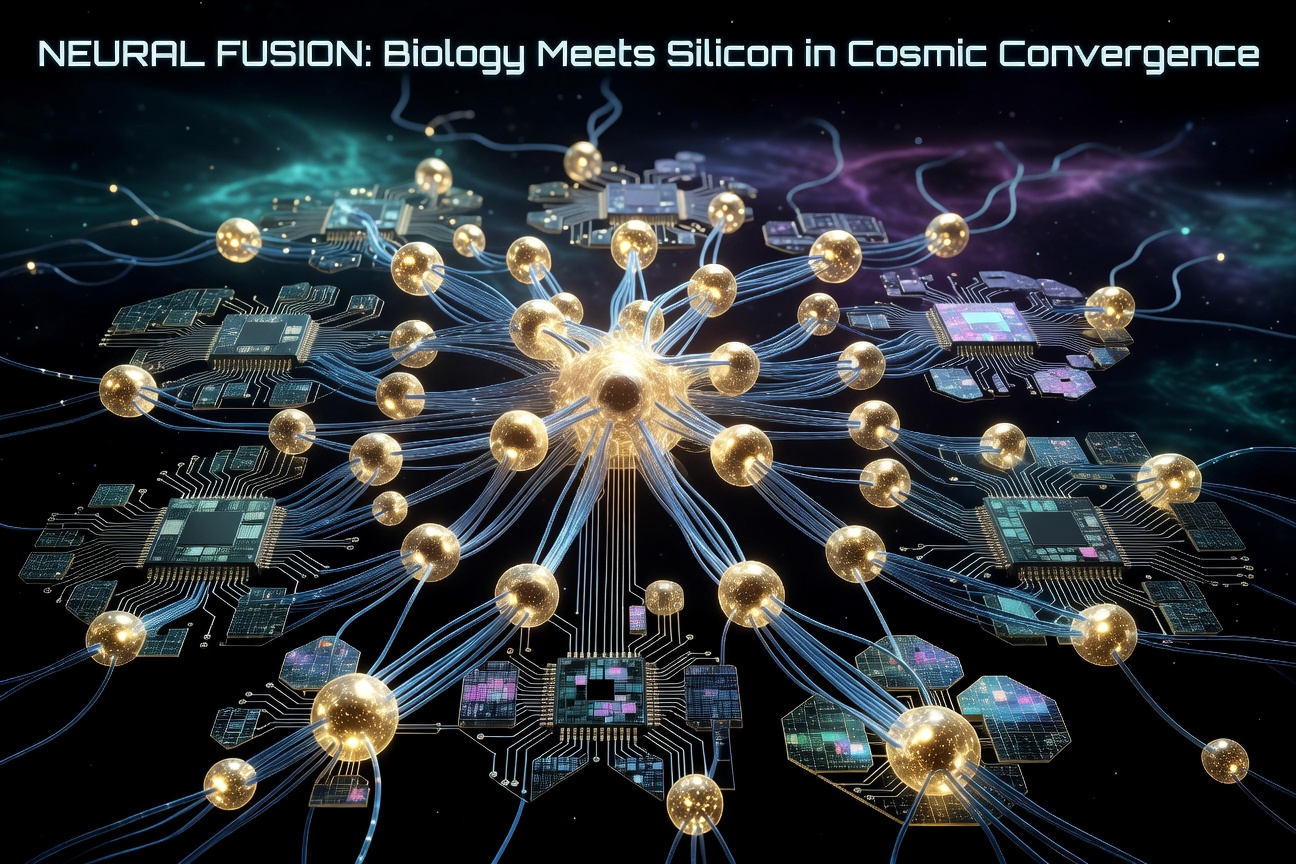 Glowing neural network visualization merging with digital circuitry representing brain-computer interface technology