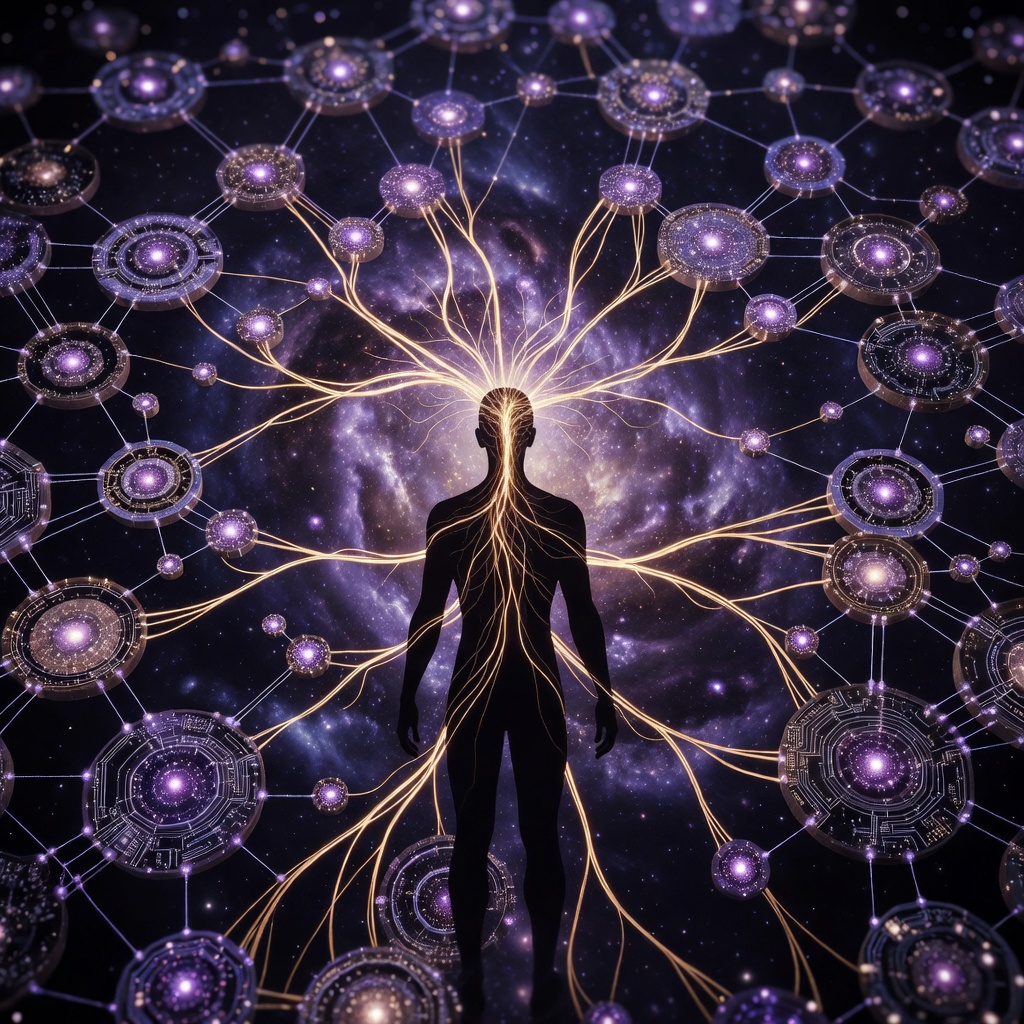 Futuristic human silhouette with luminous neural pathways extending into a vast interconnected digital cosmos symbolizing human augmentation