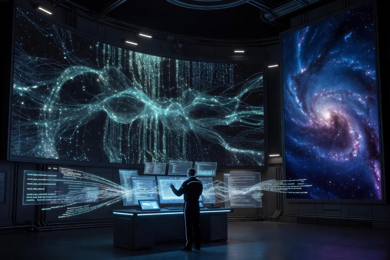 A futuristic AI laboratory at night with glowing neural network visualizations and cosmic imagery projected on walls