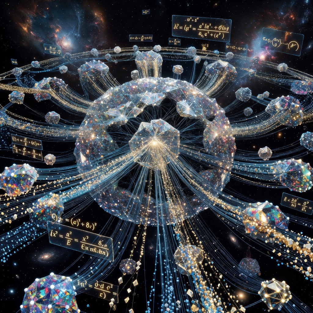 Abstract visualization of a neural network processing cosmological data streams with glowing particle trails