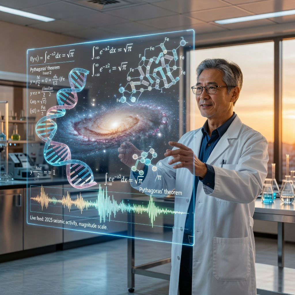 Futuristic scientist collaborating with holographic AI interface displaying galaxy formations and mathematical equations